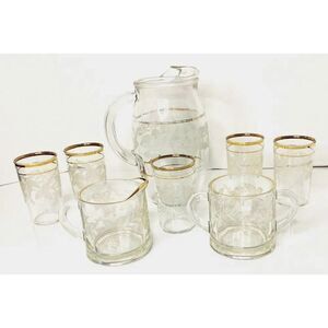 VINTAGE FRUIT EMBOSSED GOLD TRIM JUICE PITCHER AND GLASS SET